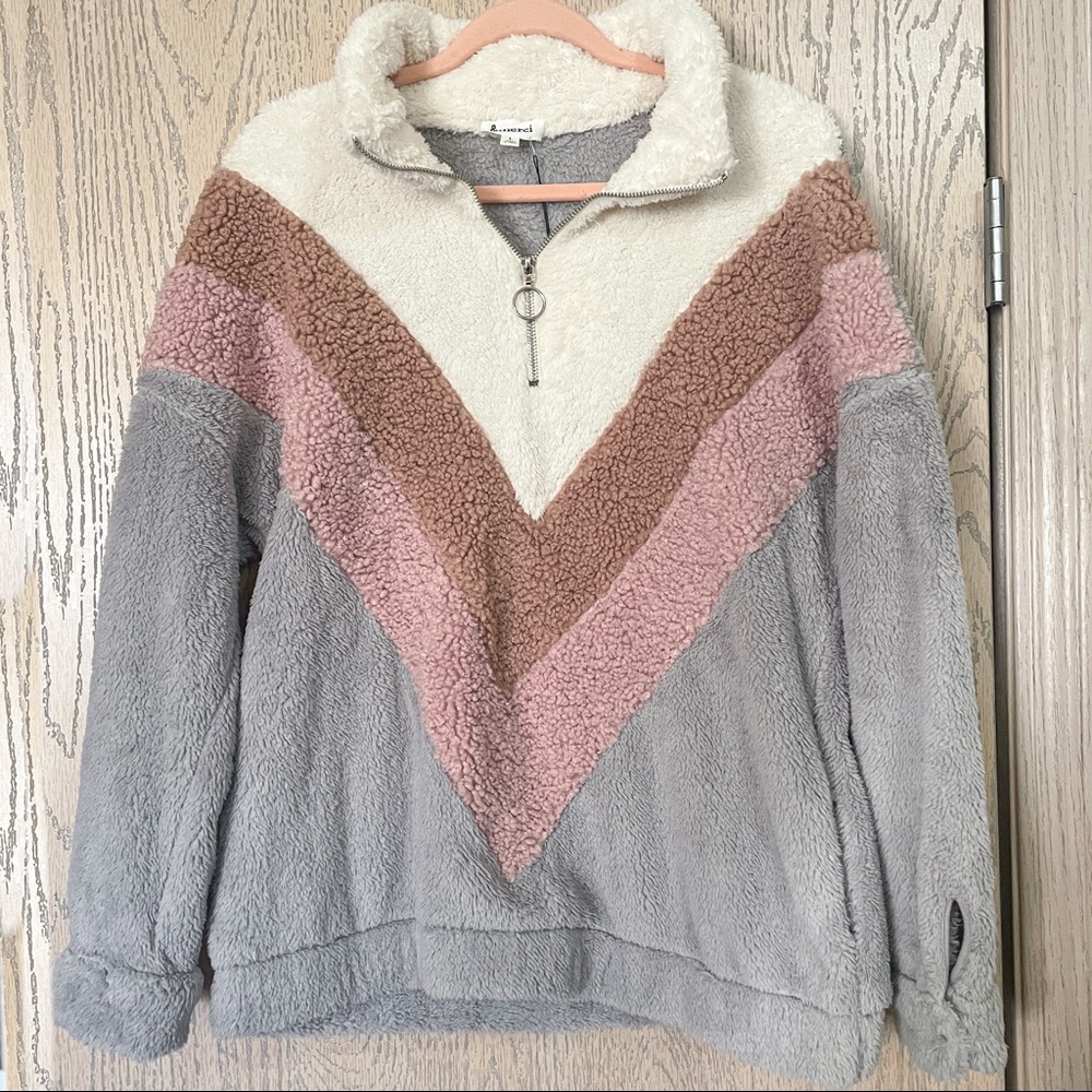 &Merci Color Block Chevron Teddy Sherpa Pullover Jacket - Picture 2 of 5
